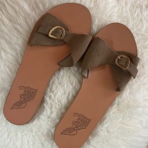 ANCIENT GREEK LEATHER SUEDE SLIDES Size 39, US 8.5. Gold buckle